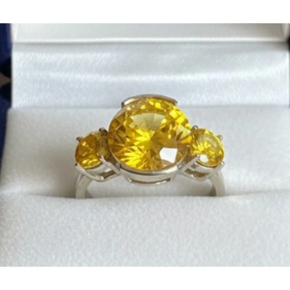 14K GOLD PLATED Sterling Silver Ring ROUND ORANGE CITRINE Three-Stone SIZE  7.5
